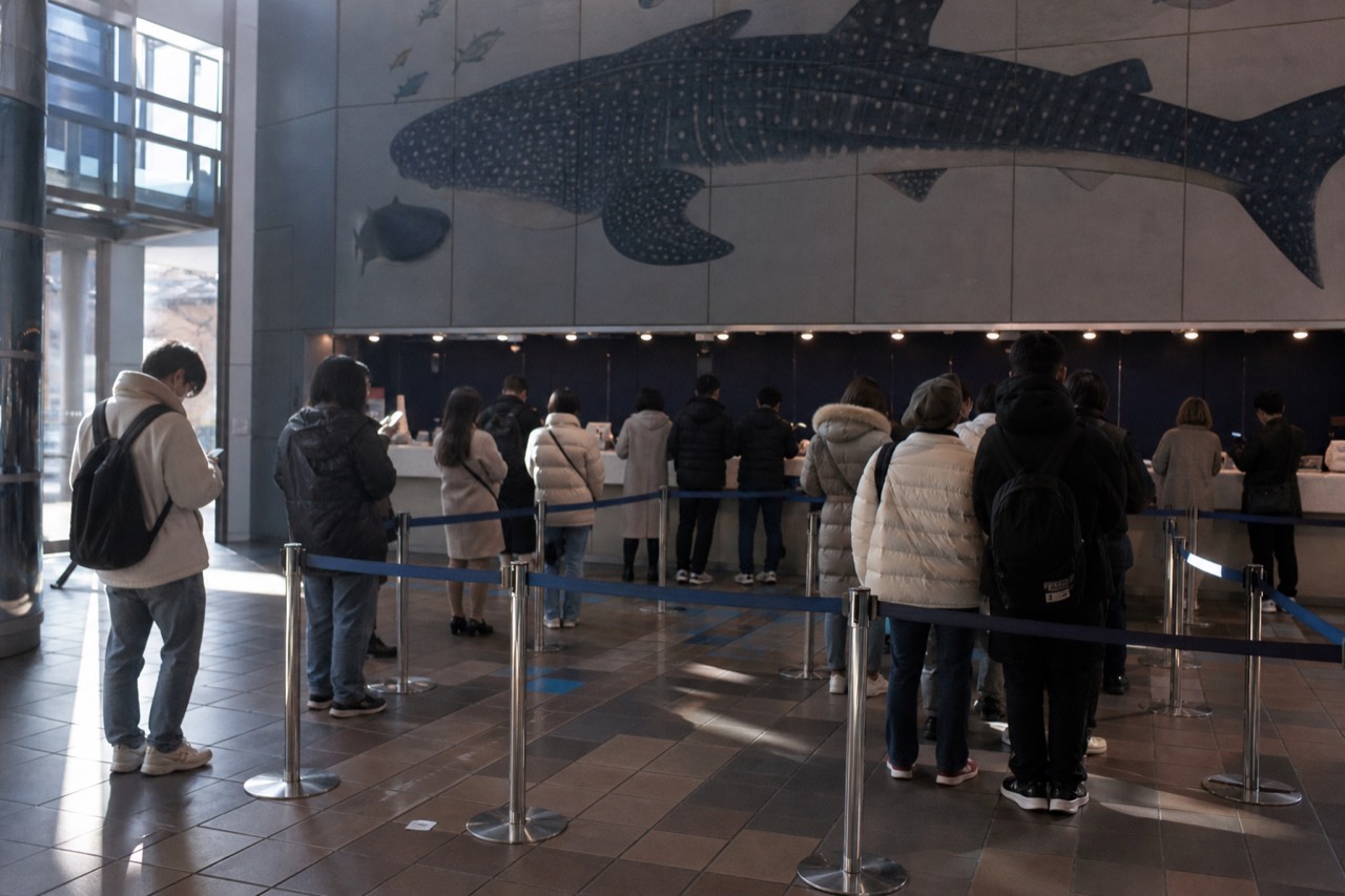 The ticket counter area of Osaka Aquarium Kaiyukan with a large whale shark mural and digital screens showing availability.