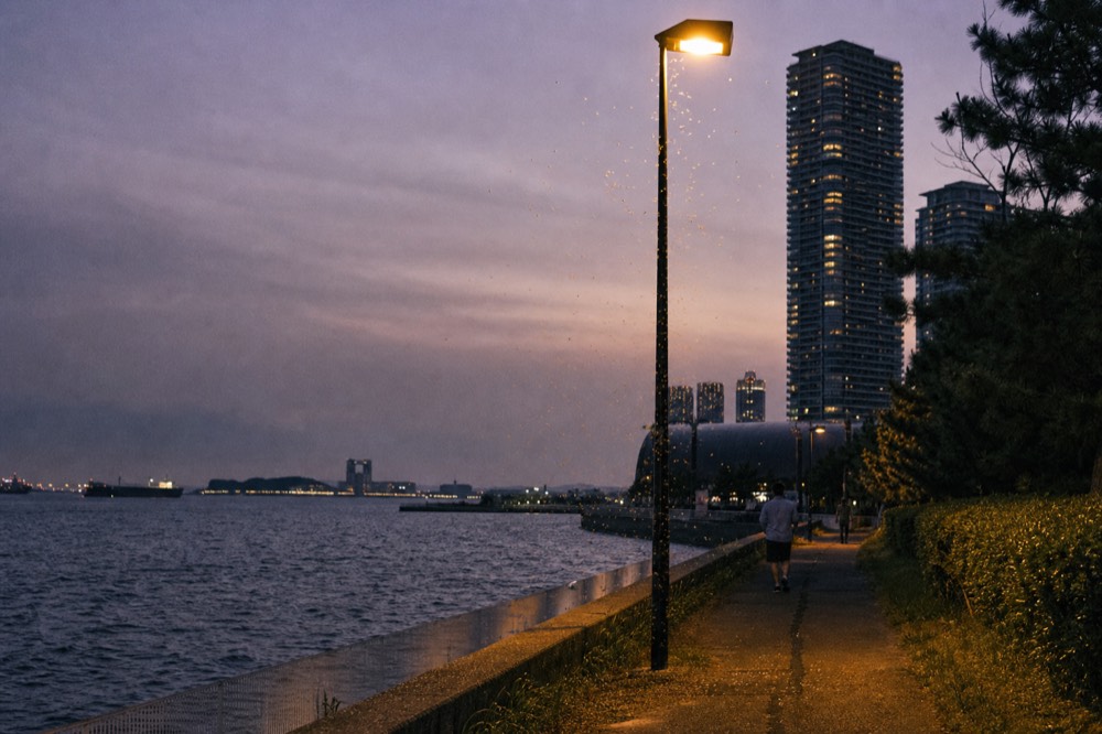 Osaka Bay waterfront at dusk with apartment and hotel towers along the shore