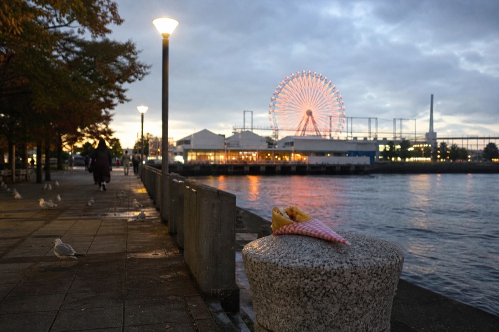 Waterfront promenade with a large Ferris wheel and market buildings along Osaka Bay