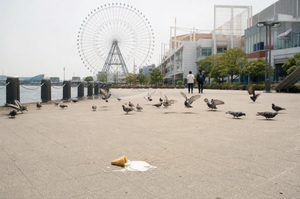 A large ferris wheel and harbour-side mall buildings seen across a waterfront plaza