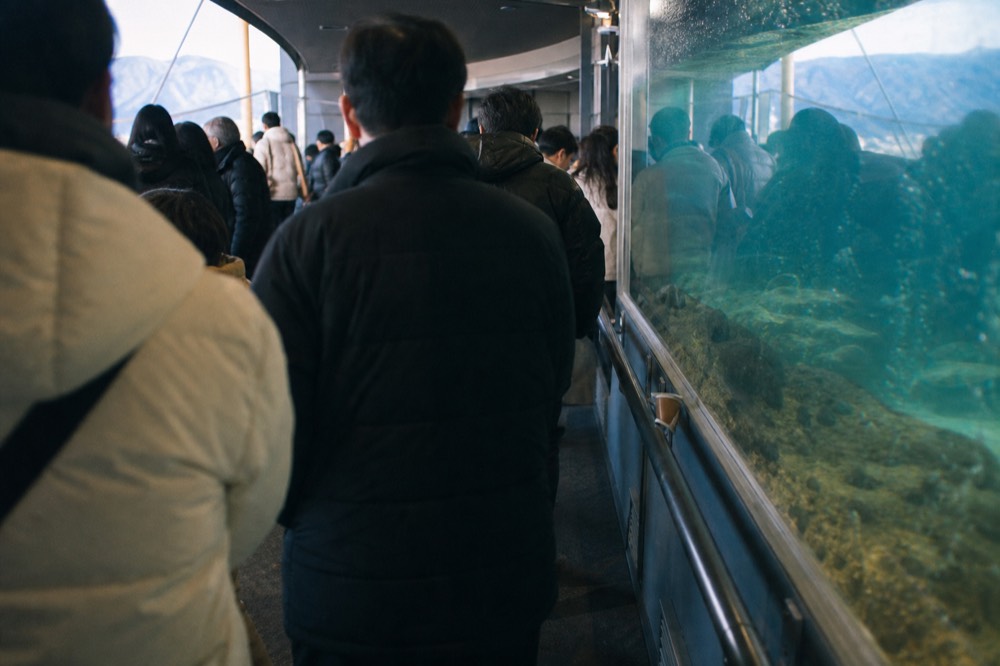 Visitors crowding along a glass tank railing inside a busy aquarium corridor