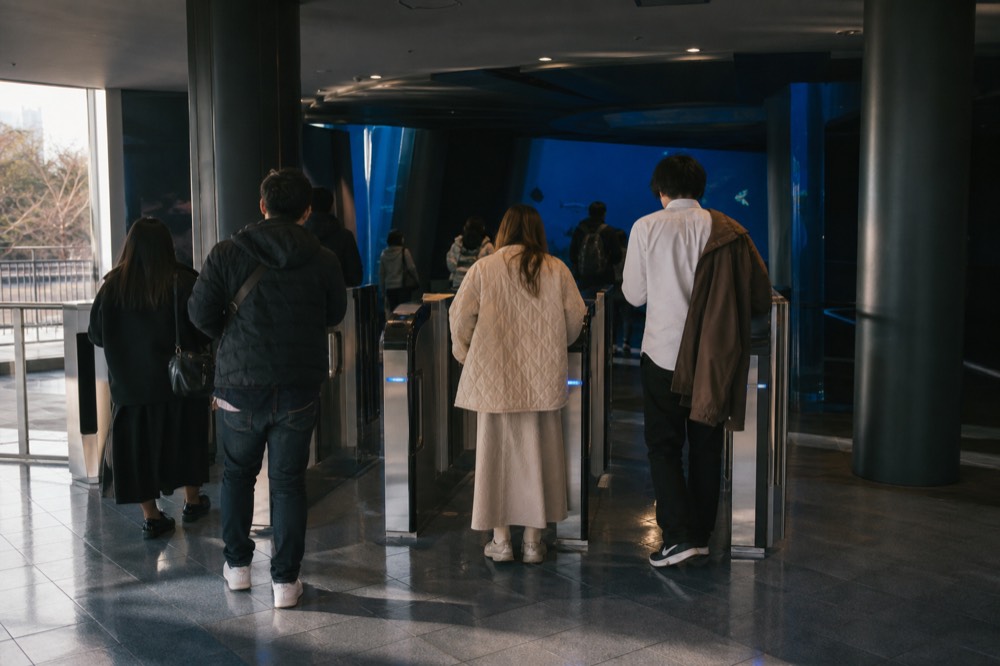 Electronic gates with a small queue of visitors scanning phone tickets