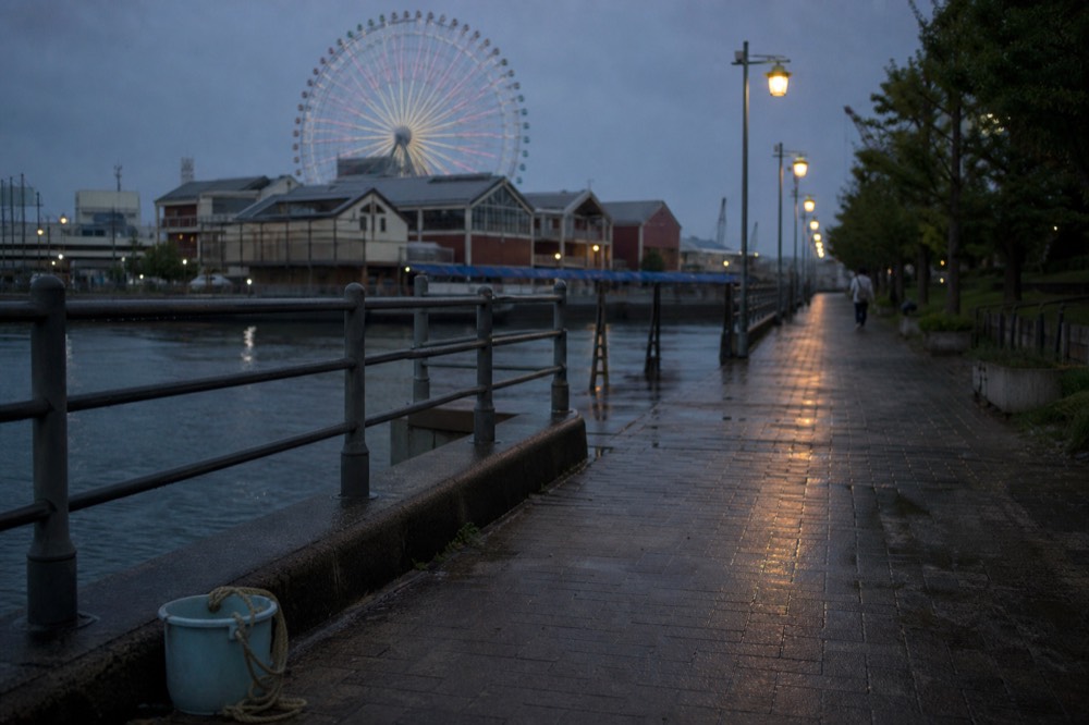 A waterfront promenade with a large Ferris wheel rising over a harbor village at dusk