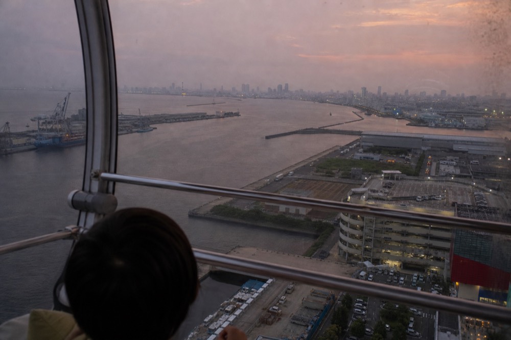 View from the Ferris wheel at dusk with Osaka Bay and the city skyline