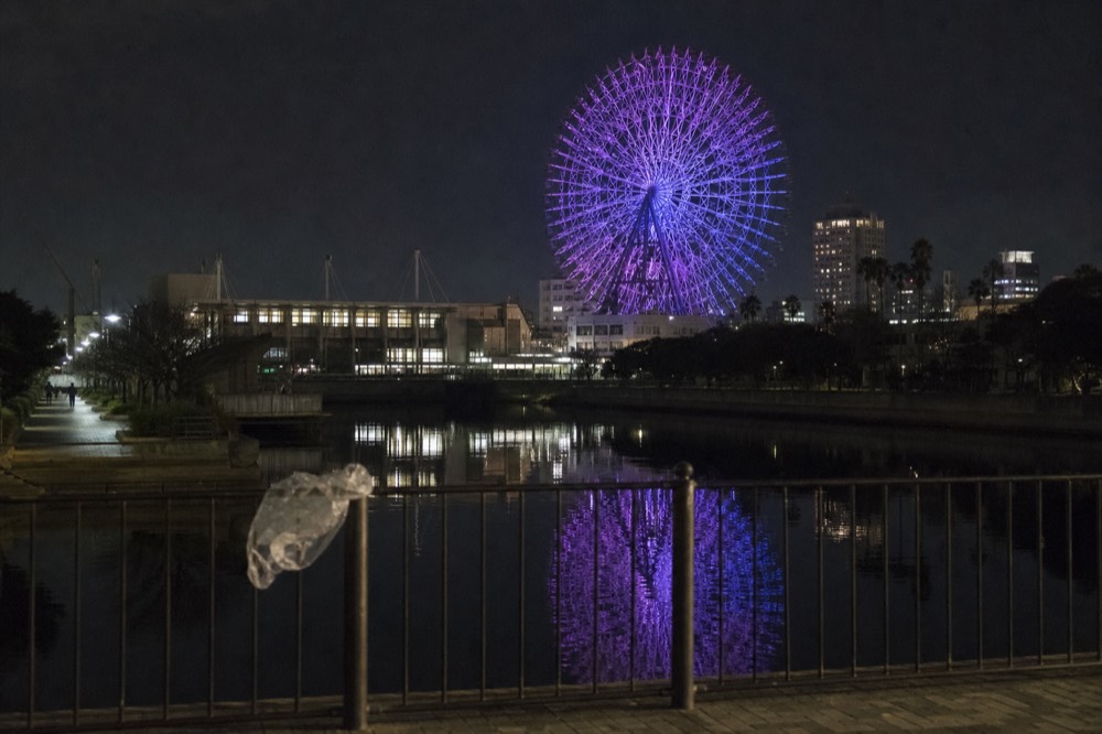 Tempozan Ferris Wheel illuminated in purple and blue at night