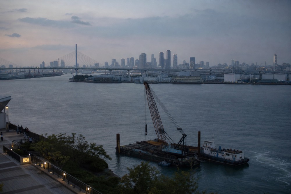 Osaka city skyline across the bay seen from the waterfront