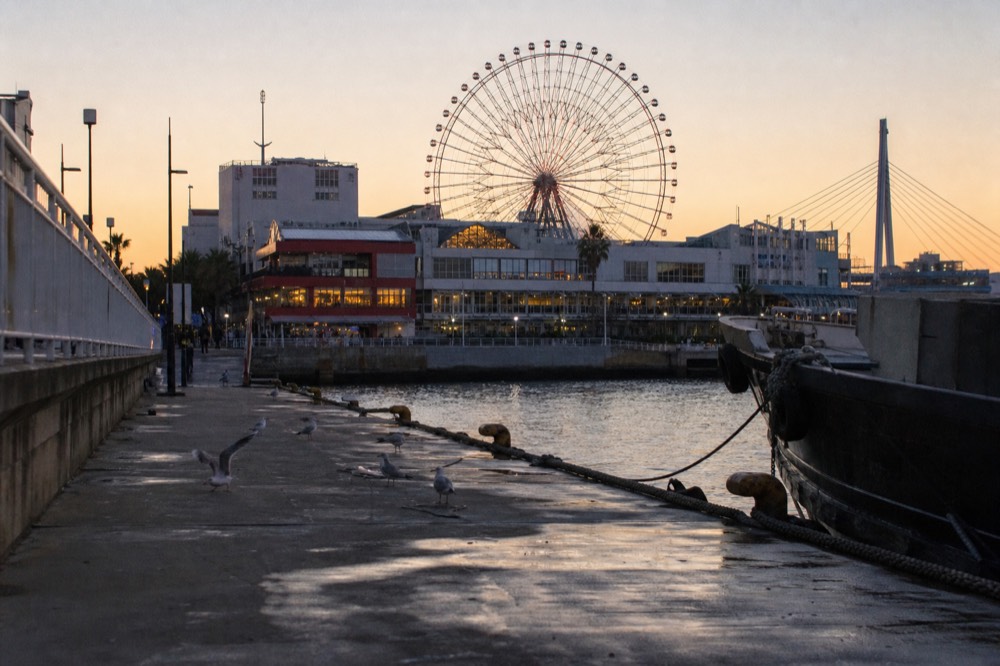 Evening light over a harbor-side complex with a ferris wheel and lit restaurant windows