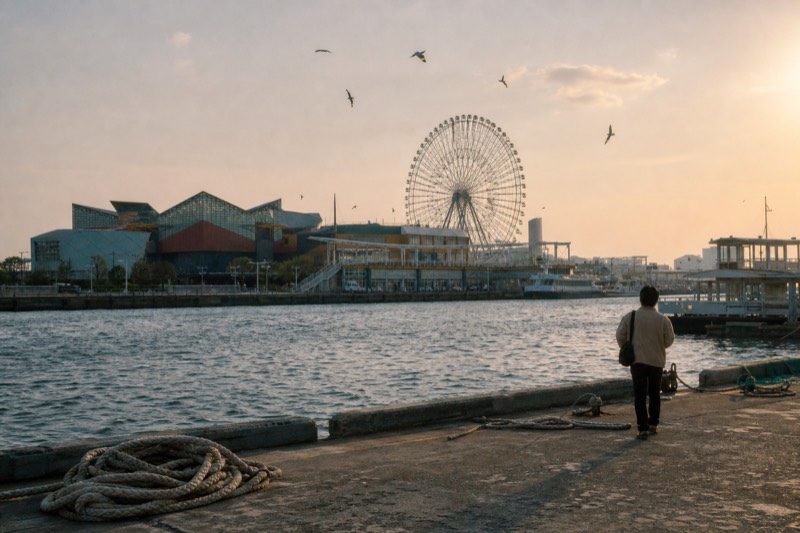 The Tempozan Ferris wheel turning beside Osaka Aquarium Kaiyukan in the late afternoon
